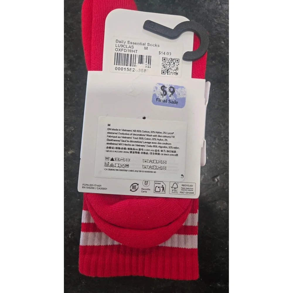 Lululemon Daily Essential Crew Socks Red White Stripe Unisex Size M LU9CLAS